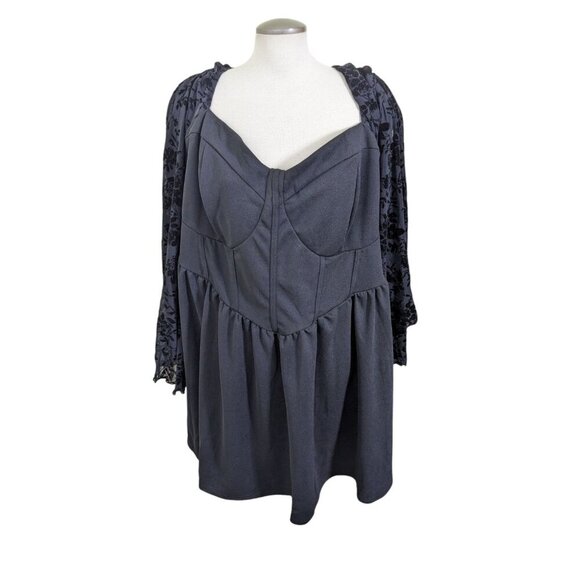Shein Curve Babydoll Dress Plus 8X US 32/34 Black Goth Burnout Long Bell Sleeves - Picture 1 of 4